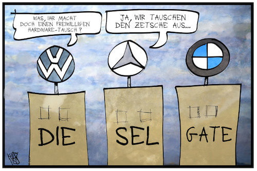 Cartoon: Zetsche-Austausch (medium) by Kostas Koufogiorgos tagged karikatur,koufogiorgos,illustration,cartoon,zetsche,mercedes,vw,bmw,autobauer,haus,firma,wirtschaft,karikatur,koufogiorgos,illustration,cartoon,zetsche,mercedes,vw,bmw,autobauer,haus,firma,wirtschaft