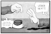 Cartoon: Nord- und Südkorea (small) by Kostas Koufogiorgos tagged karikatur,koufogiorgos,illustration,cartoon,nordkorea,südkorea,gast,gastgeber,annaeherung,dialog,diplomatue,knopf,kellner,kaffee,atom,waffen,angst