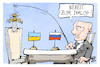 Cartoon: Ukraine-Krieg (small) by Kostas Koufogiorgos tagged karikatur,koufogiorgos,ukraine,putin,russland,damokles,schwert