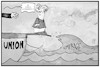 Cartoon: Unionskandidatin (small) by Kostas Koufogiorgos tagged karikatur,koufogiorgos,illustration,cartoon,merkel,union,csu,cdu,kanzlerkandidatur,haifischbecken,umfrage,schulz,wasser,politik,partei,bundestagswahl