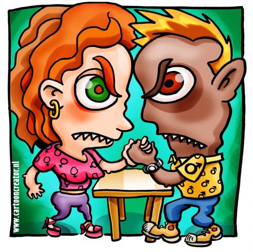 Cartoon: battle of the Sexes (medium) by illustrator tagged gender,sexes,fight,man,woman,mann,frau,argument,angry,bosse,verärgert,geschlecht,kampf,beziehung,mann,frau,geschlecht,kräftemessen,messen,kraft,kampf,wut,konkurrenz,gegner,feind,gleichberechtigung,emanzipation,gesellschaft