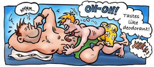 Cartoon: Deoderant (medium) by illustrator tagged gay,guys,hugging,licking,deoderant,,homosexualität,homo,schwul,geschlecht,mann,beziehung,paar,partnerschaft,bett,vorspiel,fetisch,deo,deodorant,duft,geschmack,lecken,ablecken,sexspiel