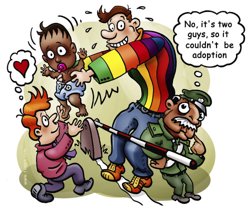 Cartoon: Gay adoption (medium) by illustrator tagged gay,adoption,blind,spot,border,zoll,control,douane,child,transfer,baby,queer,schwul,rainbow,homosexualität,homosexuell,schwul,sex,männer,polizei,kontrolle,zoll,adoption,adoptieren,familie,kinder