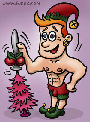Cartoon: gay santa dressing up the tree (medium) by illustrator tagged gay,santa,dress,christmas,tree,queer,ball,star,pick,pink