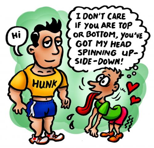 Cartoon: gym rat hunk (medium) by illustrator tagged gay,guy,hunk,gym,rat,gymnastic,bodybuilder,muscle,spinning,top,bottom,queer,cartoon,comic,peter,welleman,illustrator,gag,satire