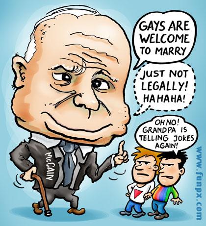 Cartoon: McCain policy towards gays (medium) by illustrator tagged mccain,president,candidate,kandidaat,gay,marriage,schwul,heirat,legal,jokes,grandpa,cartoon,satire,welleman,cartoonist,politik,politics,homophobe,homofobe,,mccain,kandidat,diskriminierung,politiker,amerika,usa,präsidentschaftskandidat,homosexualität,schwul,homo,heirat,heiraten,ehe,zwiespalt,justiz,legal,illegal,joke,witz,gesellschaft