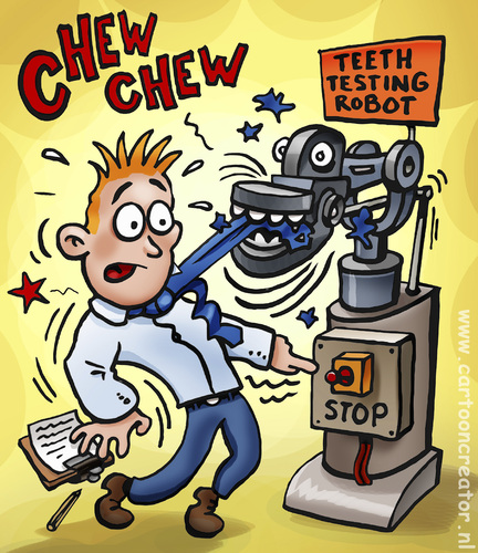 Cartoon: teeth testing robot (medium) by illustrator tagged robot,machine,test,false,teeth,chew,science,scientist,danger,tie,mechanics,roboter,maschine,technik,stop,fortschritt,sicherheit,gefahren,gefahr,arbeitsplatz