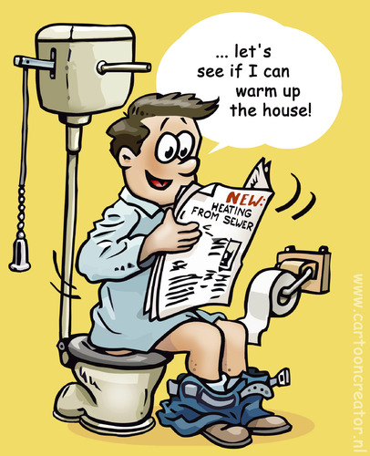 Cartoon: Warming up the house (medium) by illustrator tagged heat,warm,wc,toilet,water,closet,read,paper,sewer,riool,flush,alternative,energy,energie,green,grun,new,wc,toilette,bad,energie,alternative energien,alternative,verbrauch,spülen,energien