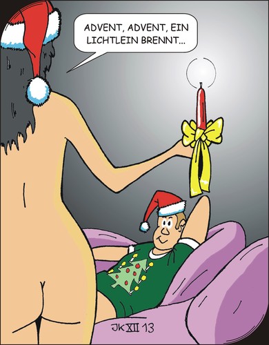 Cartoon: Adventszeit (medium) by JotKa tagged männer,frauen,liebe,beziehungen,stimmung,romantik,lichter,kerzen,advent,weihnachten,beleuchtung,harmonie,betten,mützen,schleifen,erotik,gefühle