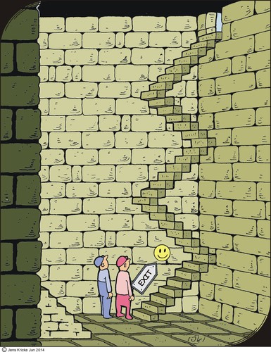 Cartoon: Ausgang - Exit (medium) by JotKa tagged puzzles,discoveries,researcher,of,fantasy,cellar,walls,exit,staircase,rätsel,entdeckungen,forscher,gemäuer,phantasie,keller,mauern,ausgang,treppe