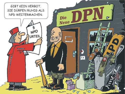 Cartoon: Außer Spesen nichts gewesen (medium) by JotKa tagged npd,karlsruhe,richter,urteil,bundesverfassungsgericht,gerichtsunteile,parteien,rechtsradikalismus,nazis,politik,npd,karlsruhe,richter,urteil,bundesverfassungsgericht,gerichtsunteile,parteien,rechtsradikalismus,nazis,politik