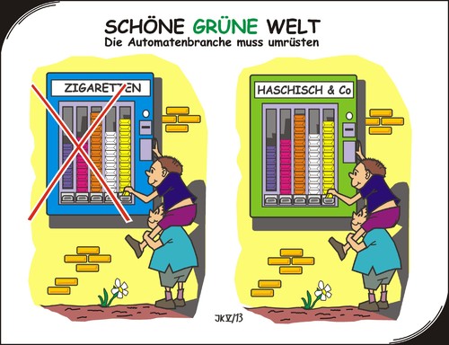 Cartoon: Automaten (medium) by JotKa tagged automaten,zigaretten,drogen,hasch,jugendliche,jugendschutz,kinder,raucher,wirtschaft,geld,gesellschaft,parteien,verbote,freigaben,marktwirtschaft