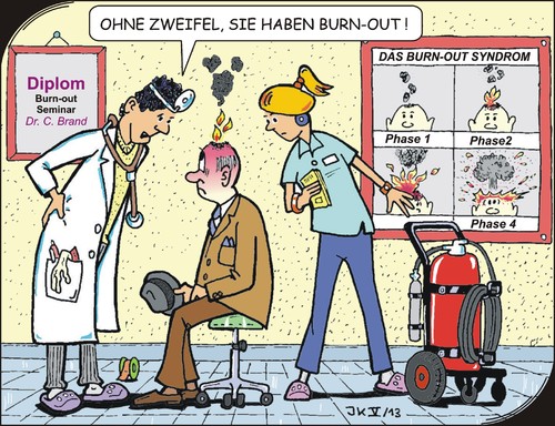Cartoon: Burnout 1 (medium) by JotKa tagged gesellschaft,mann,arzt,doktor,modediagnose,burnout,patient,stress,überlastung,probleme,syndrome,feuer,feuerlöscher,arzthelferin,frau