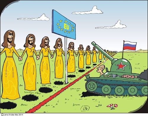 Cartoon: Conchitas ante portas (medium) by JotKa tagged nato,ukraine,aussengrenze,grenze,border,tank,panzer,putin,eu,russia,russland,europa,europe,votes,stimmen,2014,contest,song,european,sausage,wurst,conchita