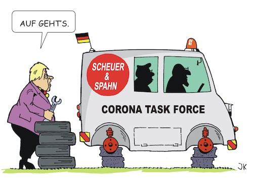 Cartoon: Corona Task Force (medium) by JotKa tagged corona,pandemie,lockdown,impfen,testen,schnelltests,merkel,spahn,scheuer,corona,pandemie,lockdown,impfen,testen,schnelltests,merkel,spahn,scheuer