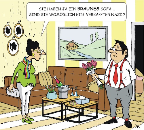 Cartoon: Das Sofa (medium) by JotKa tagged sofa,möbel,polstermöbel,farben,braun,liebe,dating,glück,leid,nazis,rechtspopulisten,rechtsradikale,gutmenschen,linke,mainstream,sofa,möbel,polstermöbel,farben,braun,liebe,sex,dating,glück,leid,nazis,rechtspopulisten,rechtsradikale,gutmenschen,linke,mainstream