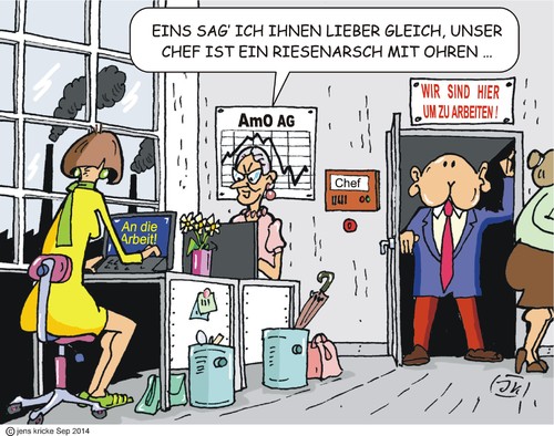 Cartoon: Erster Arbeitstag (medium) by JotKa tagged arbeitsplatz,job,beruf,arbeitsstätte,büro,chef,sekretärin,kollegen,kollegin,vorgesetzte,wirtschaft,handel,industrie,gewerkschaft,arsch,ohren,umsatz,arbeit,gehalt,lohn,arbeitsbeginn,berufseinstieg,arbeitsplatz,job,beruf,arbeitsstätte,büro,chef,sekretärin,kollegen,kollegin,vorgesetzte,wirtschaft,handel,industrie,gewerkschaft,arsch,ohren,umsatz,arbeit,gehalt,lohn,arbeitsbeginn