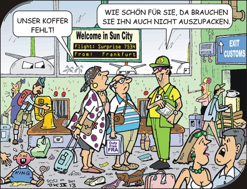 Cartoon: Fehlendes Gepäck (medium) by JotKa tagged urlaub,reisen,flugreisen,fundbüro,sonne,strand,meer,entspannung,wellness,ärger,flugzeug,piloten,stewardess,fluggesellschaft,hotel,tourismus,reiseveranstalter,billigreisen