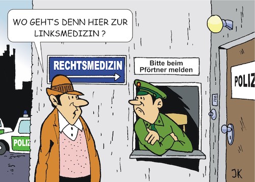Cartoon: Fragen (medium) by JotKa tagged polizei,rechtsmedizin,fragen,pförtner,gesellschaft,rechts,links,polizei,rechtsmedizin,fragen,pförtner,gesellschaft,rechts,links