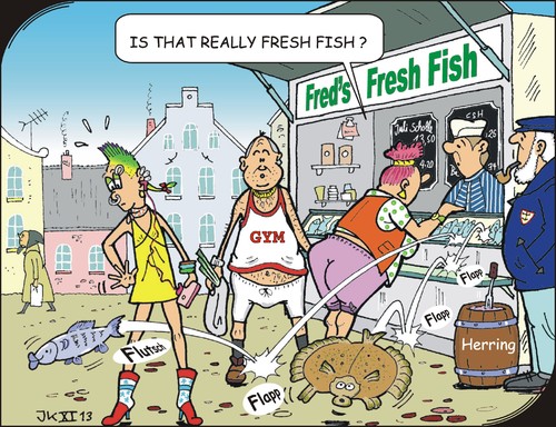 Cartoon: Fresh fish (medium) by JotKa tagged leisure,tourism,tourist,travel,vacation,sun,beach,sea,marketplace,market,sales,stand,fish,fishery,fishing,flounder,fresh,herring,sport,club