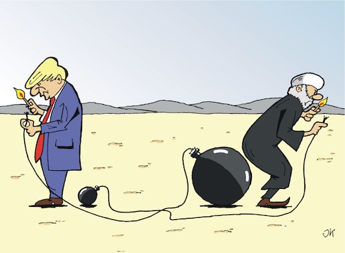 Cartoon: Gefährliche Zeiten (medium) by JotKa tagged iran,usa,atomabkommen,sanktionen,eskalation,eu,ultimatum,mullahs,trump,hardliner,atomprogramm,handel,wirtschaft,wirtschaftsinteressen,politik,politiker,iran,usa,atomabkommen,sanktionen,eskalation,eu,ultimatum,mullahs,trump,hardliner,atomprogramm,handel,wirtschaft,wirtschaftsinteressen,politik,politiker