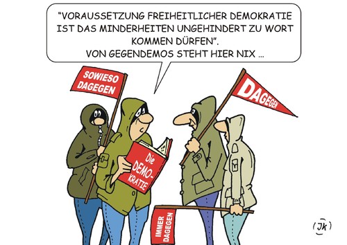 Cartoon: Gegendemo (medium) by JotKa tagged demonstration,demo,gegendemonstration,gegendemo,demokratie,versammlungsfreiheit,versammlungsrecht,krawalle,randale,politik,rechte,linke,autonome,radikale,polizei,schlägereien,demokraten,meinungsfreiheit,deutschland,demonstration,demo,gegendemonstration,gegendemo,demokratie,versammlungsfreiheit,versammlungsrecht,krawalle,randale,politik,rechte,linke,autonome,radikale,polizei,schlägereien,demokraten,meinungsfreiheit,deutschland