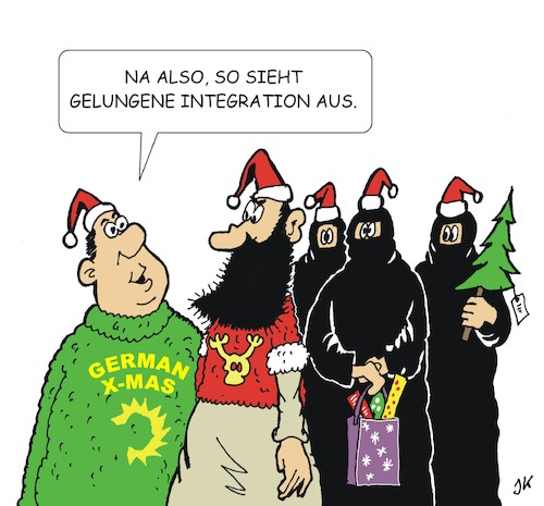 Cartoon: Gelungene Integration (medium) by JotKa tagged integration,migration,asyl,einwanderung,bunte,republik,weihnachten,xmas,weihnachtsmann,tannenbaum,burka,islam,integration,migration,asyl,einwanderung,bunte,republik,weihnachten,xmas,weihnachtsmann,tannenbaum,burka,islam