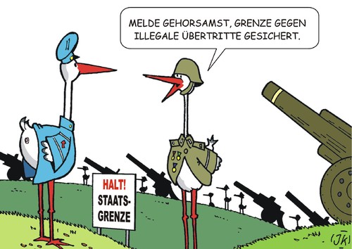 Cartoon: Grenzsicherung (medium) by JotKa tagged landtagswahlen,bundestagswahlen,2017,parteien,politiker,wähler,wählerstimmen,umfragen,umfragewerte,flüchtlingskrise,flüchtlinge,asyl,asylgesetz,unruhe,ängste,bevölkerung,afd,bundestag,merkel,wahlergebnisse,wählerverlust,machtverlust,sachsen,obergrenze,reduzierung,stimmung,asyldebatte,abschiebung,grenzkontrollen,grenzschließung,eu,flüchtlingsgipfel,rechtsradikale,pegida,storch,störche,schüsse,schießbefehl,landtagswahlen,bundestagswahlen,2017,parteien,politiker,wähler,wählerstimmen,umfragen,umfragewerte,flüchtlingskrise,flüchtlinge,asyl,asylgesetz,unruhe,ängste,bevölkerung,afd,bundestag,merkel,wahlergebnisse,wählerverlust,machtverlust,sachsen,obergrenze,reduzierung,stimmung,asyldebatte,abschiebung,grenzkontrollen,grenzschließung,eu,flüchtlingsgipfel,rechtsradikale,pegida,storch,störche,schüsse,schießbefehl