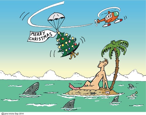 Cartoon: Inselwitz No xxx (medium) by JotKa tagged insel,meer,schiffbruch,schiffbrüchiger,einsame,hai,haifisch,palme,ufer,strand,rettung,hilfe,not,notfall,weihnachten,weihnachtsbaum,weihnachtsgrüße,merry,christmas