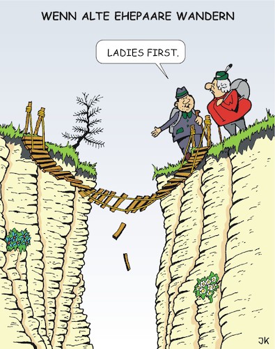 Cartoon: Ladies first (medium) by JotKa tagged wandern,wanderer,wanderung,brücke,tal,schlucht,wald,natur,ehe,ehepaar,liebe,glück,leid,stress,beziehungen,krisen,alter,er,sie,erotik,wandern,wanderer,wanderung,brücke,tal,schlucht,wald,natur,ehe,ehepaar,liebe,glück,leid,stress,beziehungen,krisen,alter,er,sie,sex,erotik