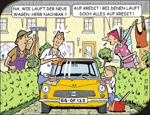 Cartoon: Nachbarschaft (medium) by JotKa tagged nachbarn,nachbarschaft,gesellschaft,geld,wirtschaft,automobilwirtschaft,männer,frauen,beziehungen,armut,reichtum,kredite,neid,neugier,auto,banken