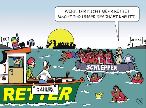 Cartoon: Private Seenotretter (medium) by JotKa tagged seenot,retter,migration,kriegsflüchtlinge,wirtschaftsasylanten,schlepper,asylindustrie,afrika,europa,mittelmeer,seenot,retter,migration,kriegsflüchtlinge,wirtschaftsasylanten,schlepper,asylindustrie,afrika,europa,mittelmeer