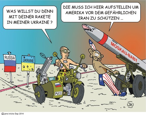 Cartoon: Schutz (medium) by JotKa tagged ukraine,putin,obama,usa,europa,eu,nato,raketenschirm,abwehr,iran,motorrad,krad,beiwagen,rakete,moskau,grenze,waffen,abschreckung,diplomatie