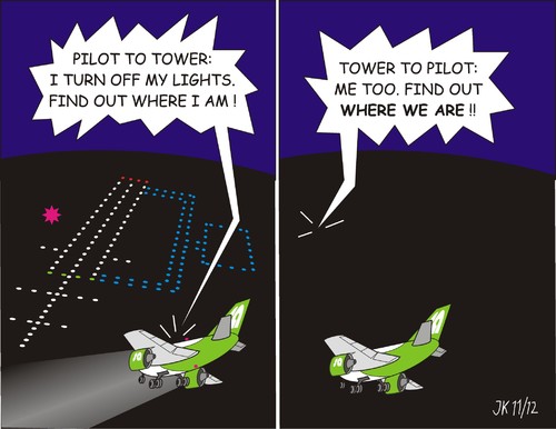 Cartoon: Find me (medium) by JotKa tagged jokes,approach,flight,night,lights,towercontrol,tower,pilot