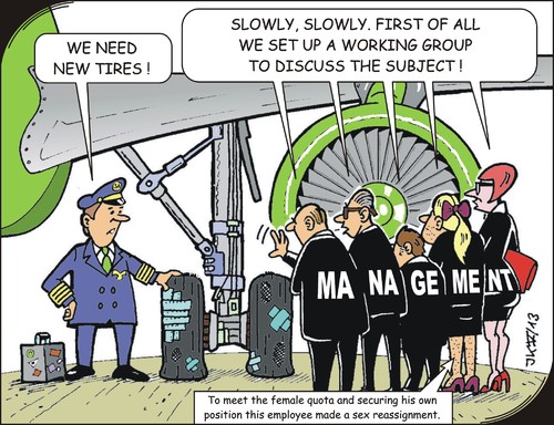 Cartoon: Decisions (medium) by JotKa tagged women,for,quota,reassignment,wheels,tire,aircraft,aviation,jobs,control,reduction,cost,decisions,management,executive
