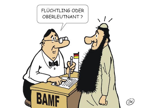 Cartoon: Verschärfte Überprüfung (medium) by JotKa tagged bamf,immigration,flüchtlinge,bundeswehr,oberleutnant,bamf,immigration,flüchtlinge,bundeswehr,oberleutnant