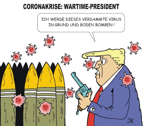 Cartoon: Wartime-President (medium) by JotKa tagged coronakrise,usa,washington,president,donald,trump,waffen,bomben,strategie,virus,seuchen,gesundheit,gesundheitswesen,pandemie,coronakrise,usa,washington,president,donald,trump,waffen,bomben,strategie,virus,seuchen,gesundheit,gesundheitswesen,pandemie