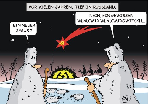 Cartoon: Wladimir (medium) by JotKa tagged udssr,sichel,und,hammer,komet,offenbarung,schafe,hirten,weise,drei,stern,kommunismus,sowjetunion,ukraine,russland,putin,wladimirowitsch,wladimir