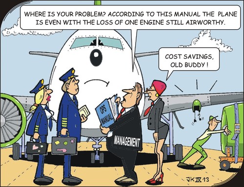 Cartoon: Sparmaßnahmen - Economy measure (medium) by JotKa tagged flugzeug,triebwerk,mechaniker,technik,manager,management,kosten,sparen,kostendruck,sparzwang,treibstoff,benzin,reisen,urlaub,fliegen,airline,surpriseair,pilot,copilot,crew,fluggast,passagier,flugpreis,kostensenkungsprogramm,aircraft,engine,mechanic,technology,cost,savings,pressure,fuel,gasoline,travel,holiday,flying,passenger,fare,reduction,program