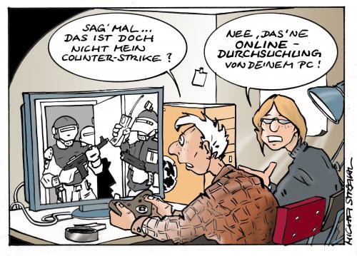 Cartoon: Online Durchsuchung (medium) by Micha Strahl tagged micha,strahl,online,durchsuchung,pc,,online,durchsuchung,pc,computer,rechner,technik,technologie,internet,counter,strike,spiel,spielen,polizeit,überwachung,daten