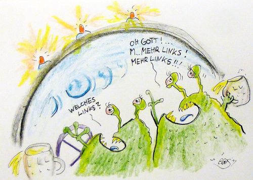 Cartoon: Welches Links? (medium) by Eggs Gildo tagged alien,fahrschule,raumschiff,mann,frau,links,rechts
