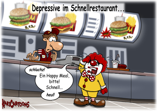 Cartoon: Depressive beim Schnellimbiss (medium) by karicartoons tagged food,fast,meal,happy,unglücklich,glücklich,abhilfe,heulen,weinen,depressive,depressiv,burger,schnellrestaurant,clown,donald,ronald,donalds,mc,hilfe,fastfood,niedergeschlagen,traurig,traurig,niedergeschlagen,fastfood,hilfe,mc donalds,schnellrestaurant,burger,depressiv,mc,donalds