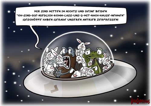 Cartoon: Geschöpfe (medium) by karicartoons tagged alien,aliens,all,außerirdische,hasen,kaninchen,ufo,vermehren,weltall,leben,niedlich,alien,aliens,ufo,weltall,kaninchen