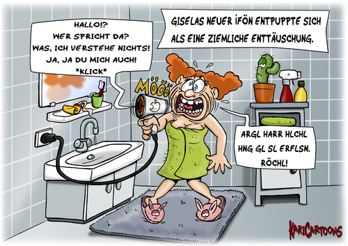 Cartoon: iFön (medium) by karicartoons tagged apple,bad,badezimmer,cartoon,fön,fönen,gisela,haare,ifön,innovativ,iphone,kommunikation,neu,nonsens,sinnlos,technik,telekommunikation,unterhaltungselektronik,trend,badezimmer,kommunikation,iphone,innovativ,ifön,technik,fön