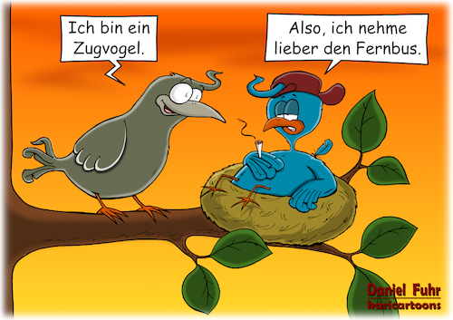 Cartoon: Zugvogel (medium) by karicartoons tagged vogel,vögel,fernbus,nest,faul,sitzen,zugvogel,vogel,vögel,fernbus,nest,faul,sitzen,zugvogel