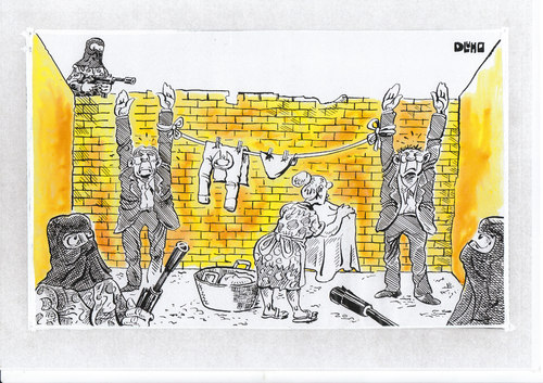 Cartoon: The hostages (medium) by Dluho tagged hostages,illustration,illustrationen,krieg,soldaten,erschießen,kommando,töten,mord,todesstrafe,wäsche,haushalt