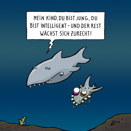 Cartoon: Jung und intelligent (medium) by Dodenhoff Cartoons tagged kindererziehung,helikoptereltern,mut,verdrängung,schönheitsideal,kinderstube,erziehung,haie,meerestiere