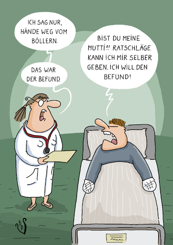 Cartoon: knallköppe (medium) by Dodenhoff Cartoons tagged böllerverbot,notaufnahme,birgit,dodenhoff,cartoons,befund,brandverletzung,rettungsdienst,plastische,chirurgie,handchirurgie,erstversorgung,ärztin,ärzte,silvester,böllerverbot,notaufnahme,birgit,dodenhoff,cartoons,befund,brandverletzung,rettungsdienst,plastische,chirurgie,handchirurgie,erstversorgung,ärztin,ärzte,silvester