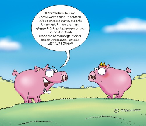 Cartoon: Schlachtfertige Argumente (medium) by Dodenhoff Cartoons tagged schweine,mann,frau,fleisch,schlachten,landleben,bauernhof,landwirtschaft,wiese,ansprache,rede