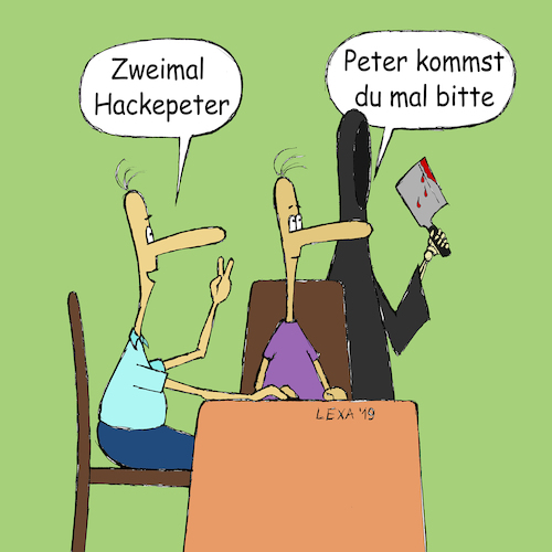 Cartoon: lexatoon hackepeter (medium) by lexatoons tagged lexatoon,hackepeter,tod,essen,bestellung,restaurant,gast,lexatoon,hackepeter,tod,essen,bestellung,restaurant,gast